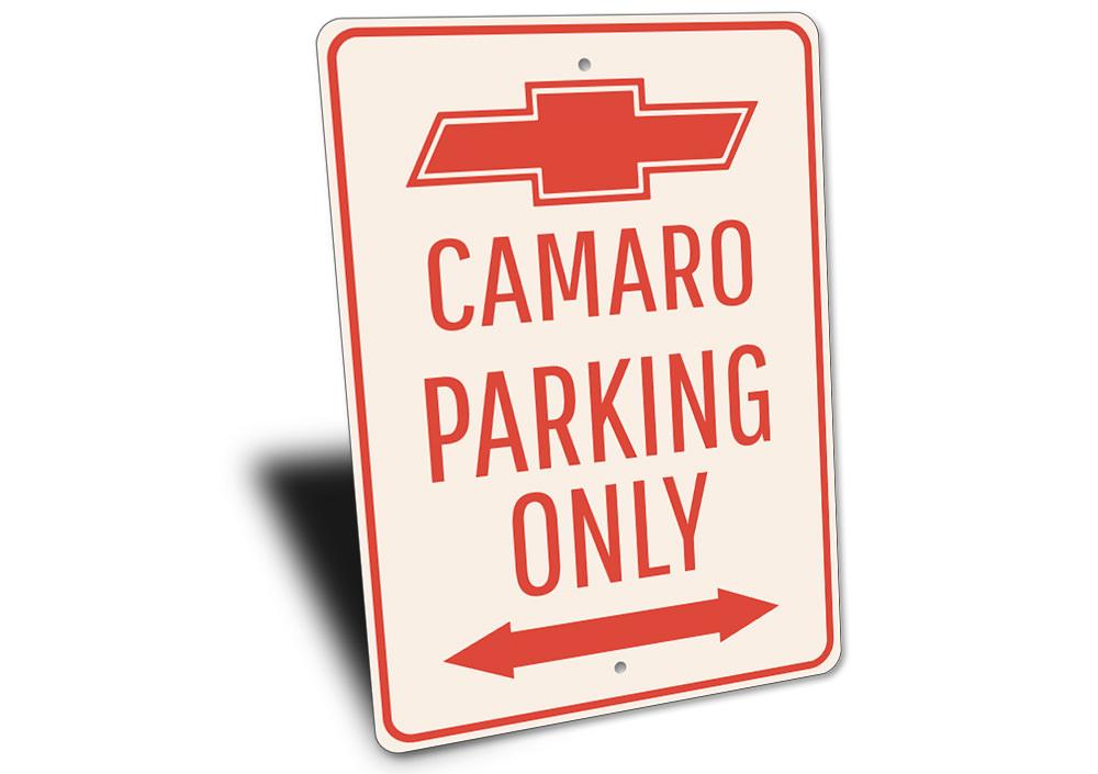 A vibrant Camaro Parking Only sign made of durable aluminum, featuring a classic design perfect for garages and man caves.