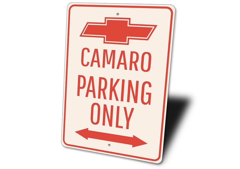 A vibrant Camaro Parking Only sign made of durable aluminum, featuring a classic design perfect for garages and man caves.