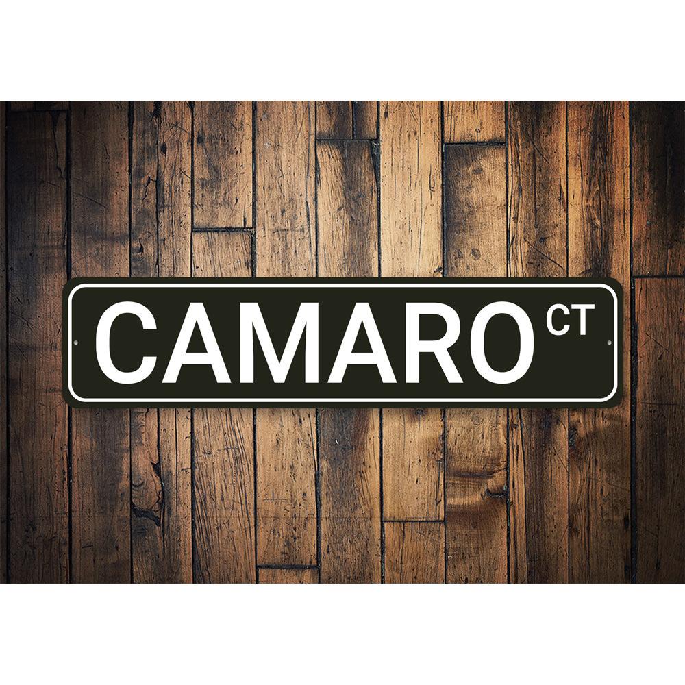 Camaro Street Sign made of high-quality aluminum, featuring vibrant colors and customizable text, perfect for home decor.