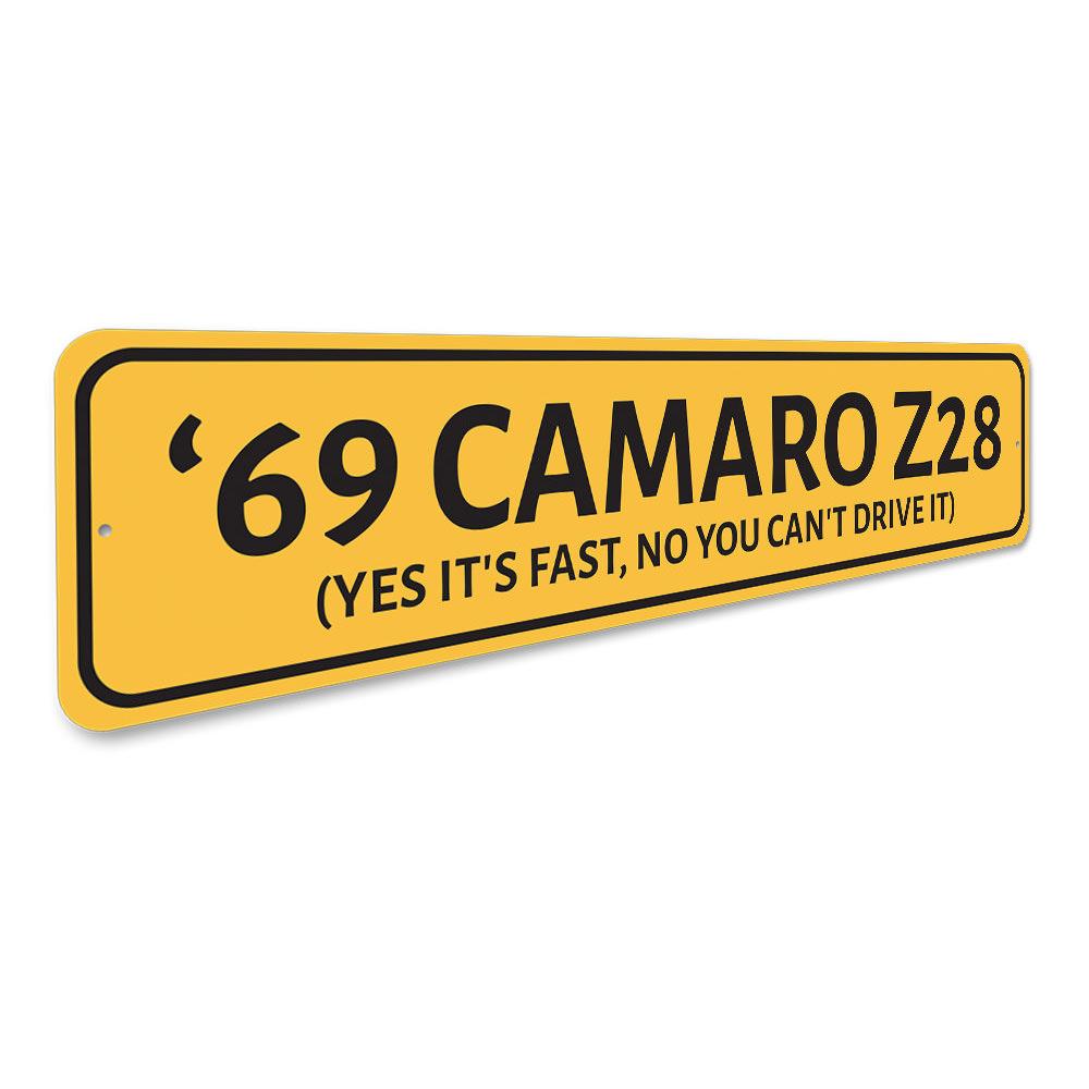 A personalized Camaro Year Sign made of high-quality aluminum, featuring vibrant colors and customizable text, perfect for garages and man caves.