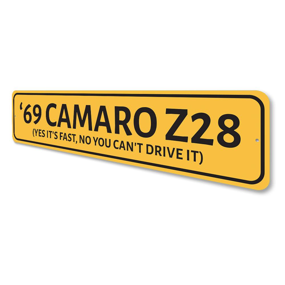 A personalized Camaro Year Sign made of high-quality aluminum, featuring vibrant colors and customizable text, perfect for garages and man caves.