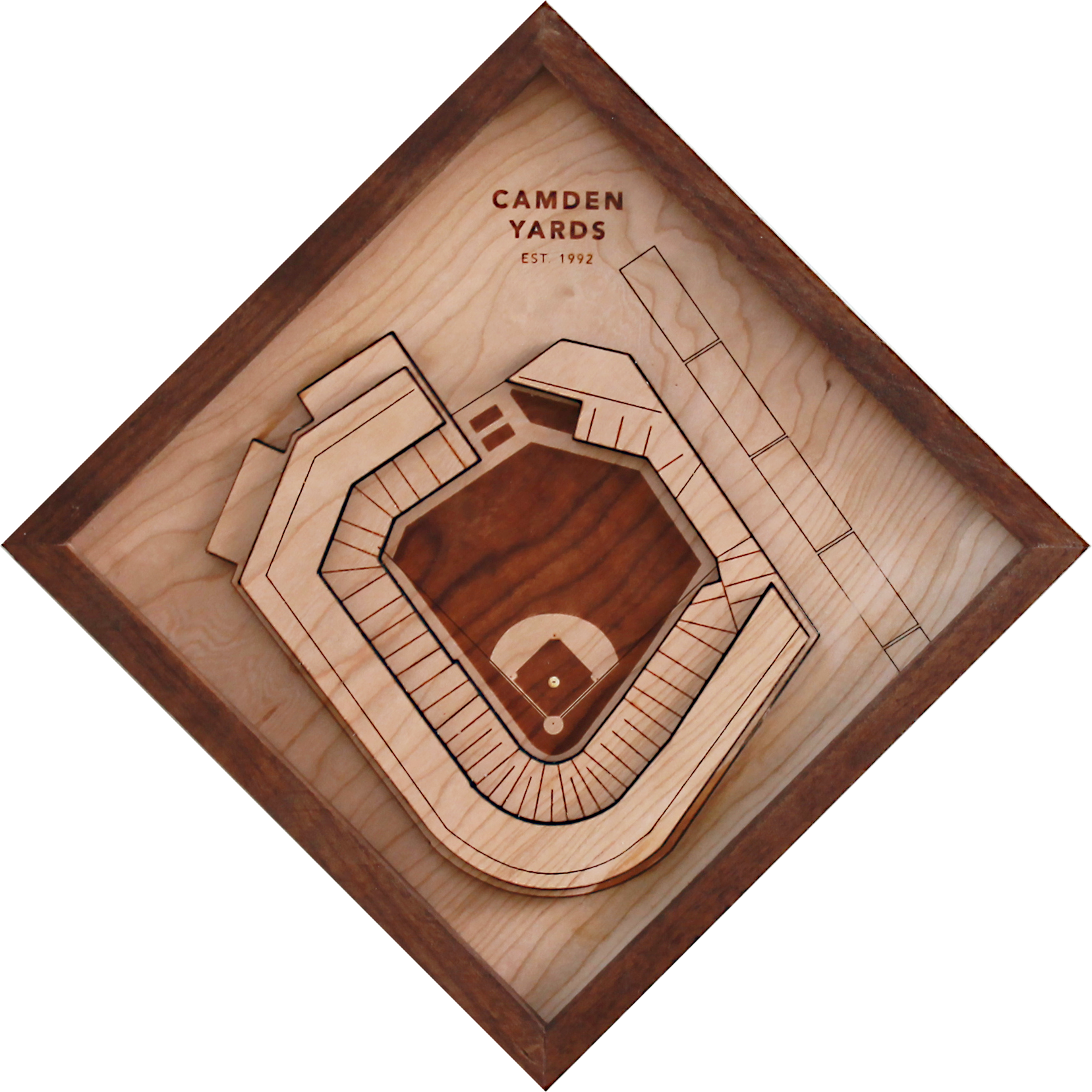 A detailed wooden replica of Camden Yards stadium, showcasing premium hardwood craftsmanship with a black walnut frame.