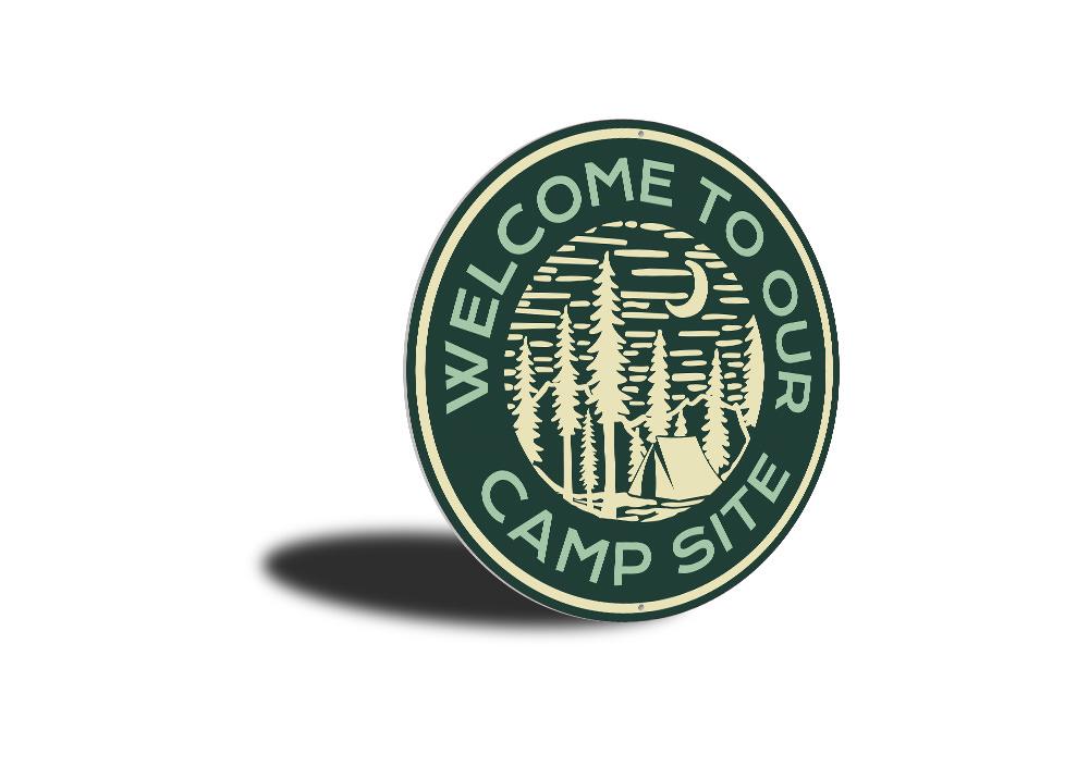 A decorative Camp Site Welcome Sign made of durable aluminum, featuring customizable text and pre-drilled holes for easy mounting.