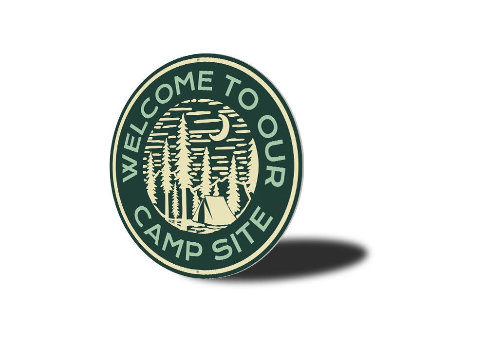 A decorative Camp Site Welcome Sign made of durable aluminum, featuring customizable text and pre-drilled holes for easy mounting.