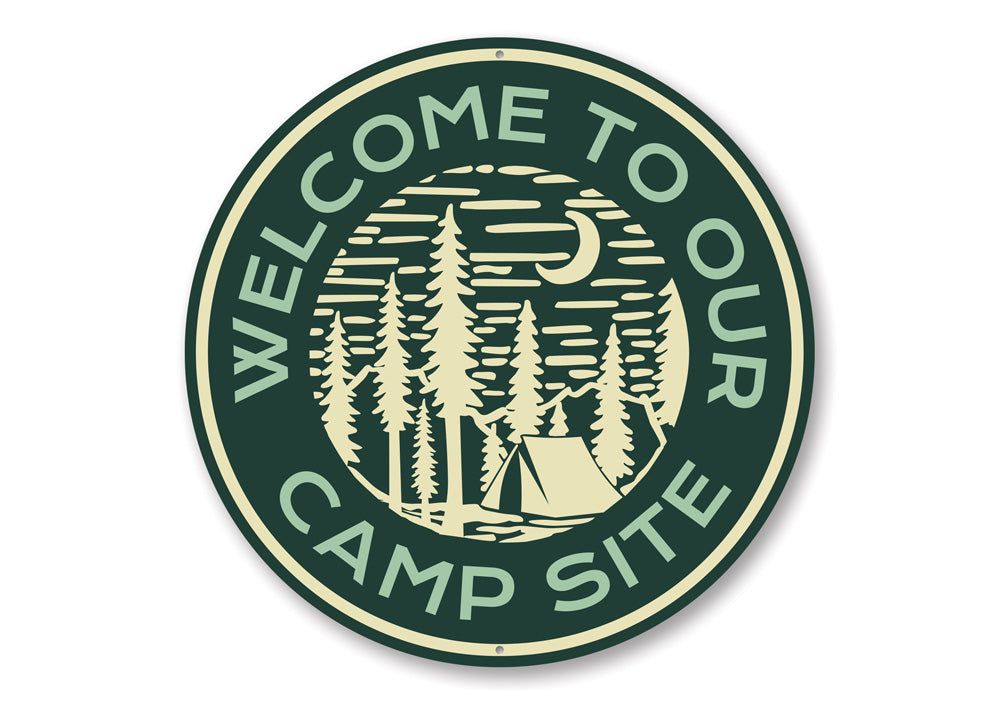 A decorative Camp Site Welcome Sign made of durable aluminum, featuring customizable text and pre-drilled holes for easy mounting.