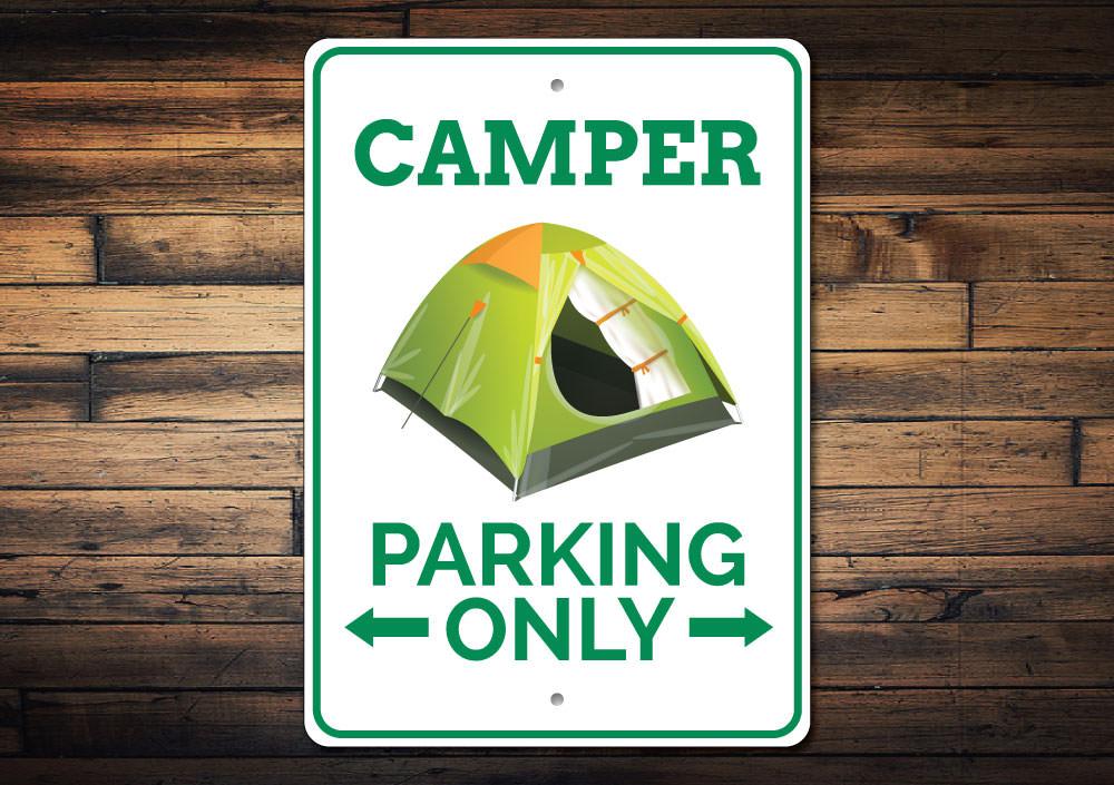 A customizable aluminum Camper Parking Sign with pre-drilled holes for easy mounting, showcasing vibrant colors and unique designs.