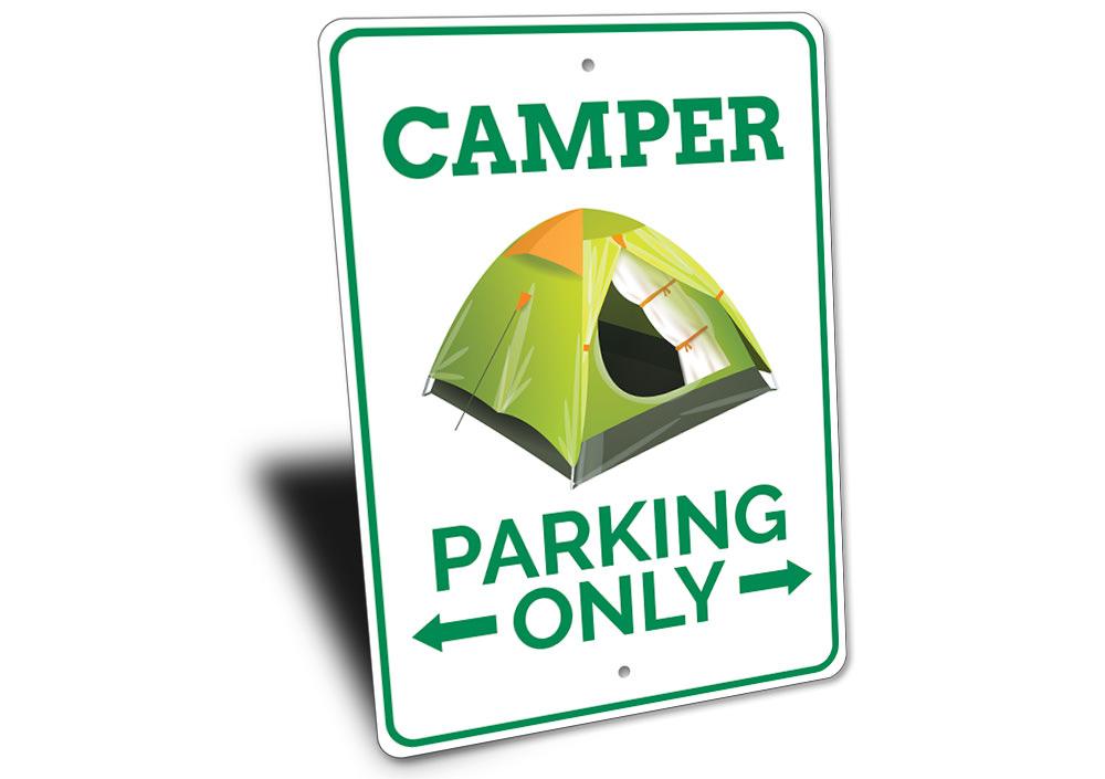 A customizable aluminum Camper Parking Sign with pre-drilled holes for easy mounting, showcasing vibrant colors and unique designs.