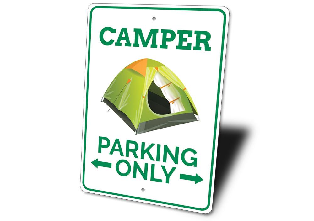 A customizable aluminum Camper Parking Sign with pre-drilled holes for easy mounting, showcasing vibrant colors and unique designs.