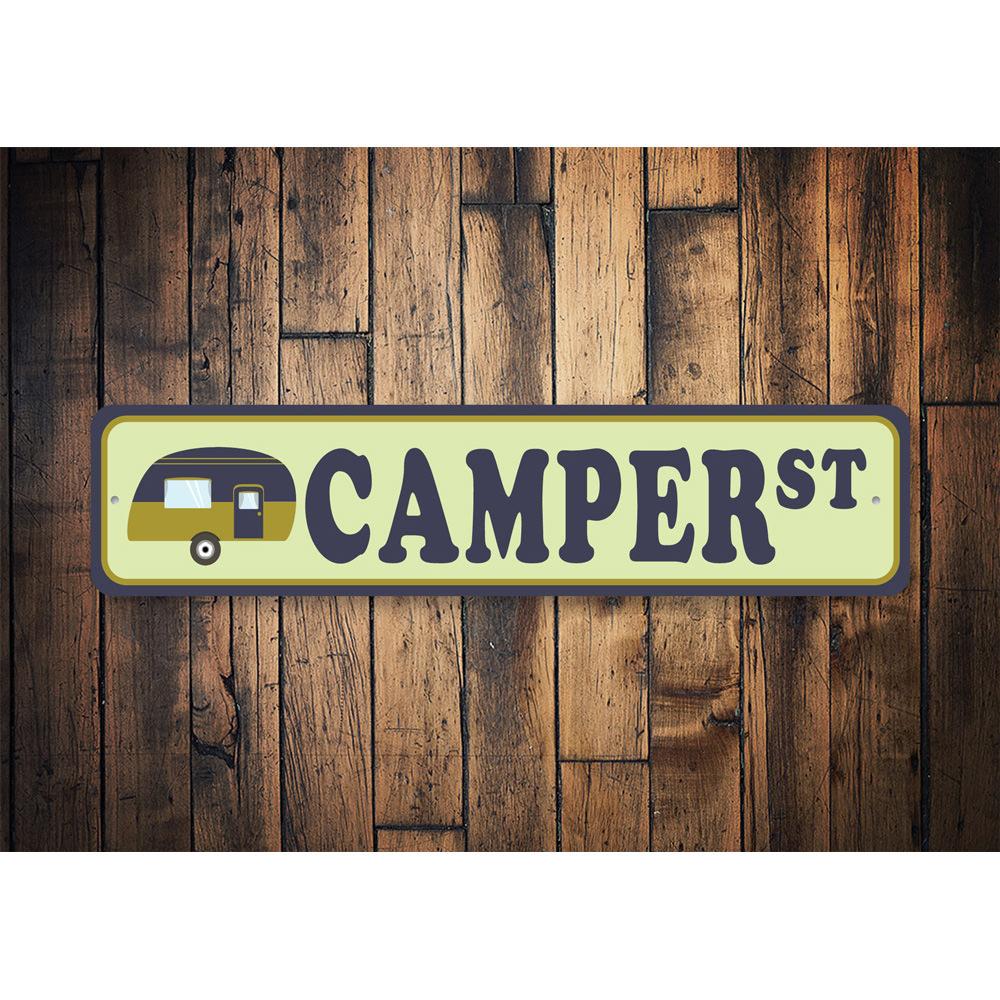 A customizable Camper Street Sign made from high-quality aluminum, featuring pre-drilled holes for easy mounting, showcasing vibrant colors and a unique design.