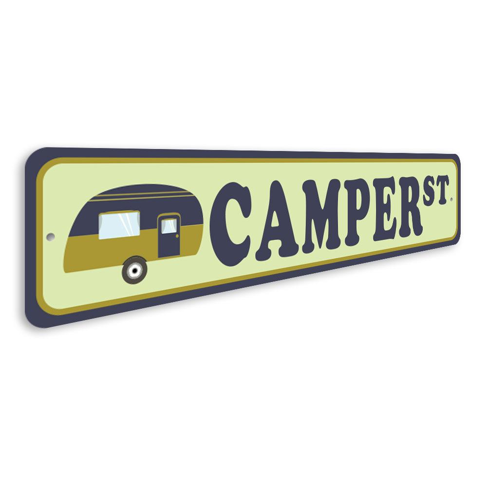 A customizable Camper Street Sign made from high-quality aluminum, featuring pre-drilled holes for easy mounting, showcasing vibrant colors and a unique design.