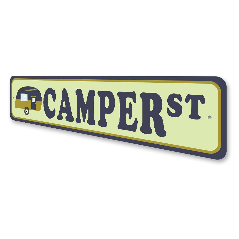 A customizable Camper Street Sign made from high-quality aluminum, featuring pre-drilled holes for easy mounting, showcasing vibrant colors and a unique design.