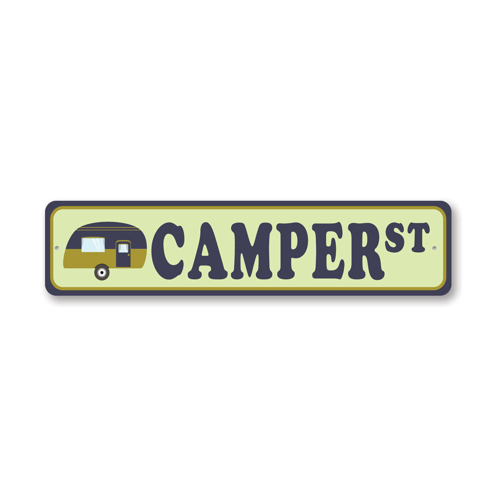 A customizable Camper Street Sign made from high-quality aluminum, featuring pre-drilled holes for easy mounting, showcasing vibrant colors and a unique design.