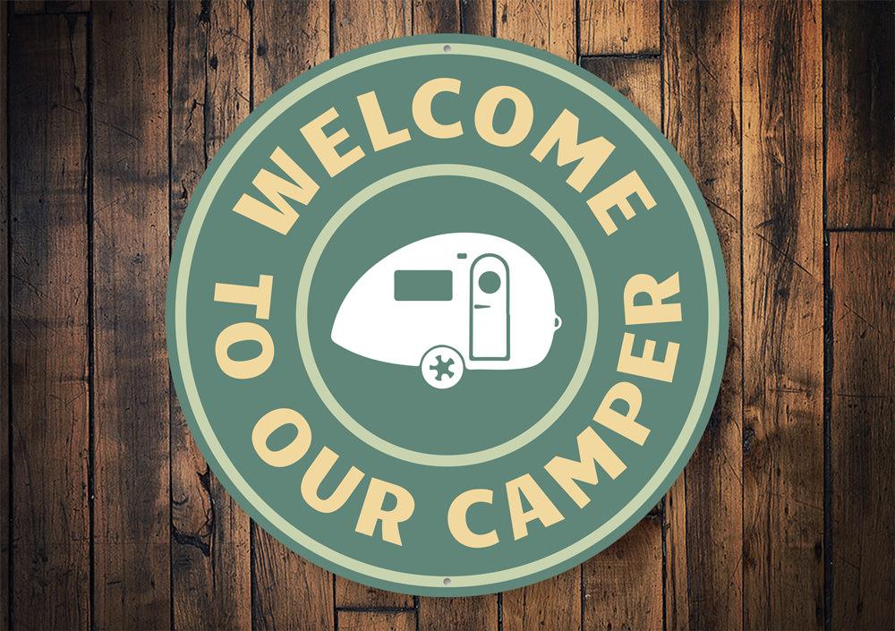 A beautifully crafted Camper Welcome Sign made of high-quality aluminum, featuring customizable text and a charming design suitable for indoor and outdoor use.