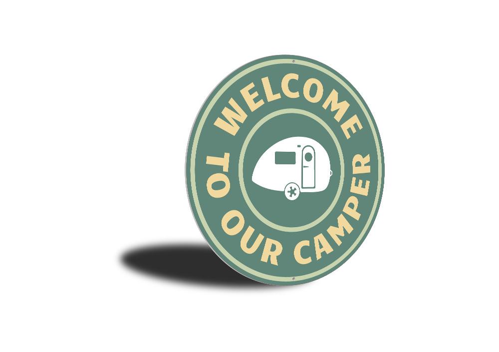 A beautifully crafted Camper Welcome Sign made of high-quality aluminum, featuring customizable text and a charming design suitable for indoor and outdoor use.