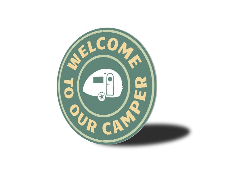 A beautifully crafted Camper Welcome Sign made of high-quality aluminum, featuring customizable text and a charming design suitable for indoor and outdoor use.