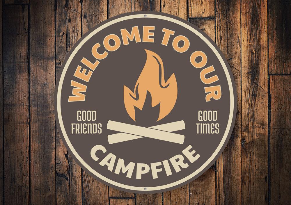 A decorative Campfire Welcome Sign made of aluminum, featuring a warm and inviting design suitable for indoor and outdoor use.