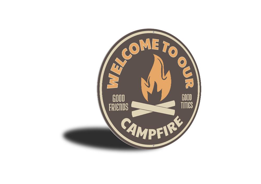 A decorative Campfire Welcome Sign made of aluminum, featuring a warm and inviting design suitable for indoor and outdoor use.