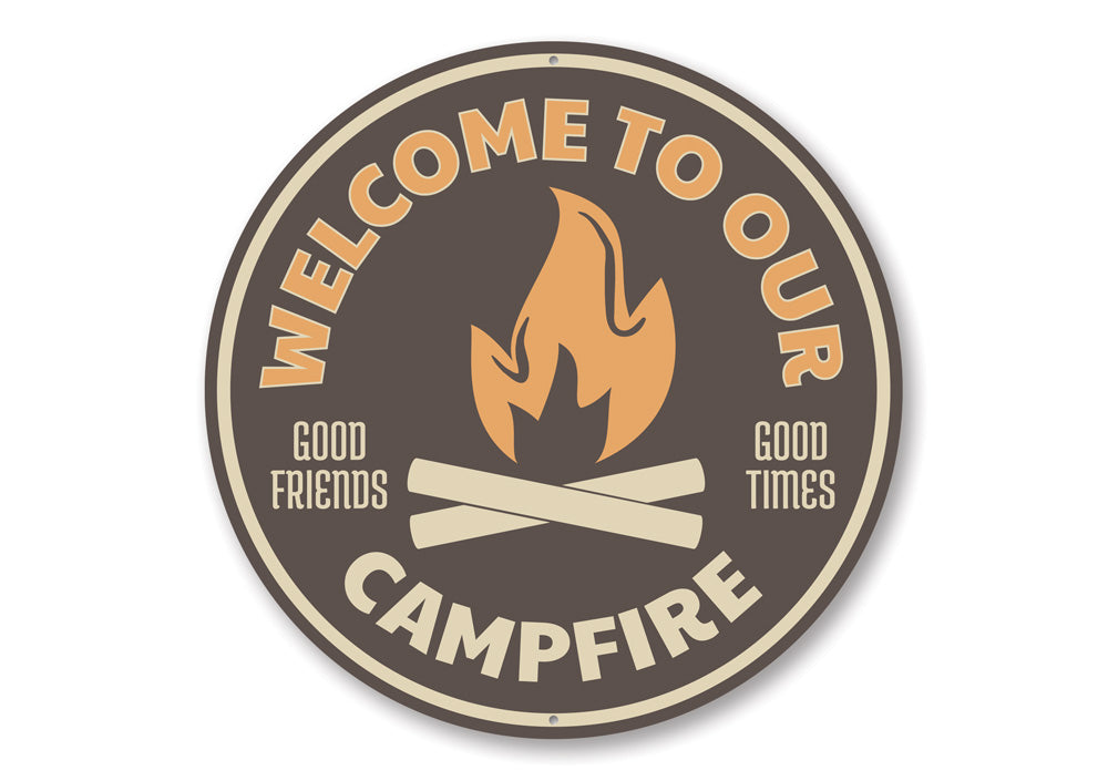 A decorative Campfire Welcome Sign made of aluminum, featuring a warm and inviting design suitable for indoor and outdoor use.