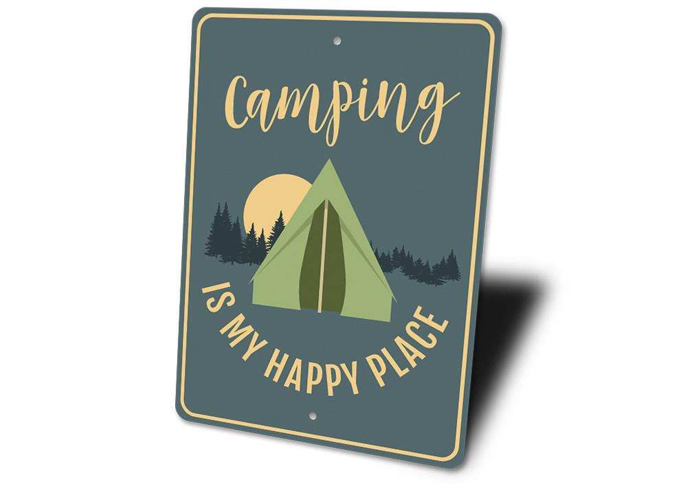 A decorative metal sign that reads 'Camping is My Happy Place', showcasing a rustic design perfect for outdoor enthusiasts.