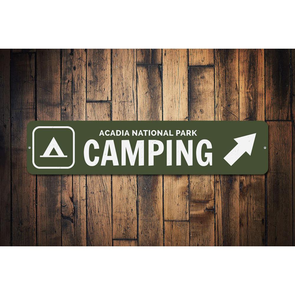 A customizable Camping Sign made of high-quality aluminum, featuring pre-drilled holes for easy mounting, showcasing vibrant colors and a unique design.