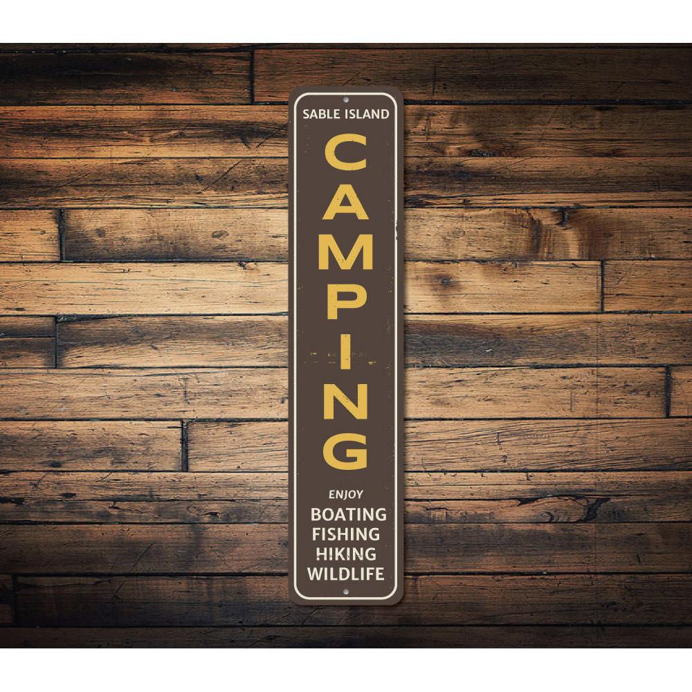 A beautifully crafted Camping Vertical Sign made of aluminum, featuring customizable text and pre-drilled holes for easy mounting.