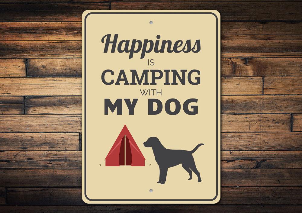 A decorative Camping with My Dog Sign made of aluminum, featuring a playful design perfect for dog lovers and outdoor enthusiasts.