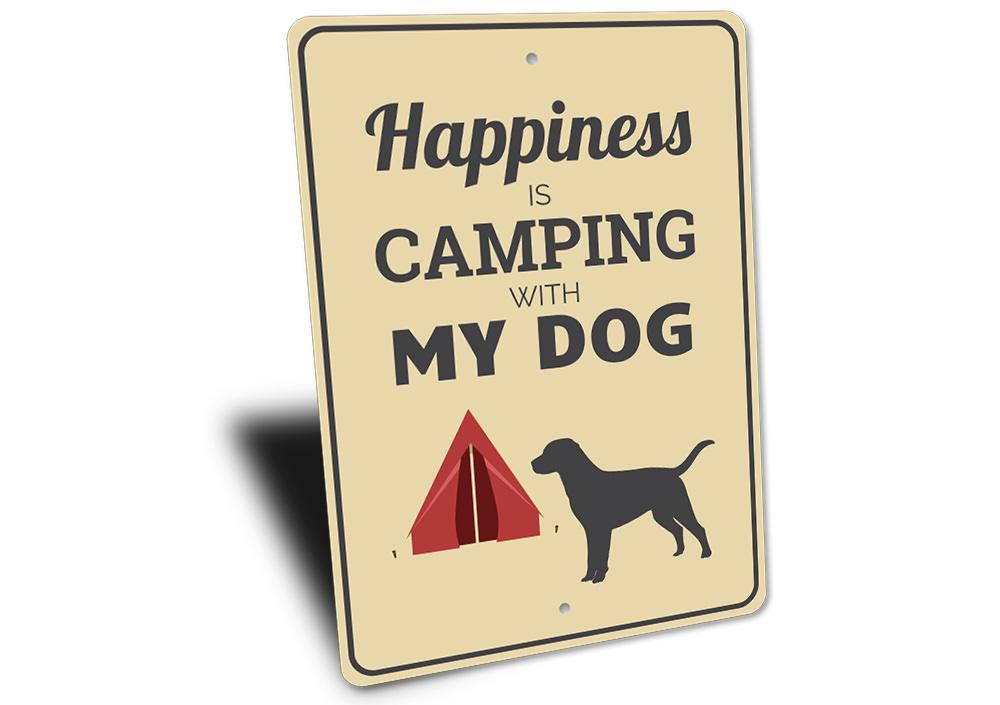 A decorative Camping with My Dog Sign made of aluminum, featuring a playful design perfect for dog lovers and outdoor enthusiasts.