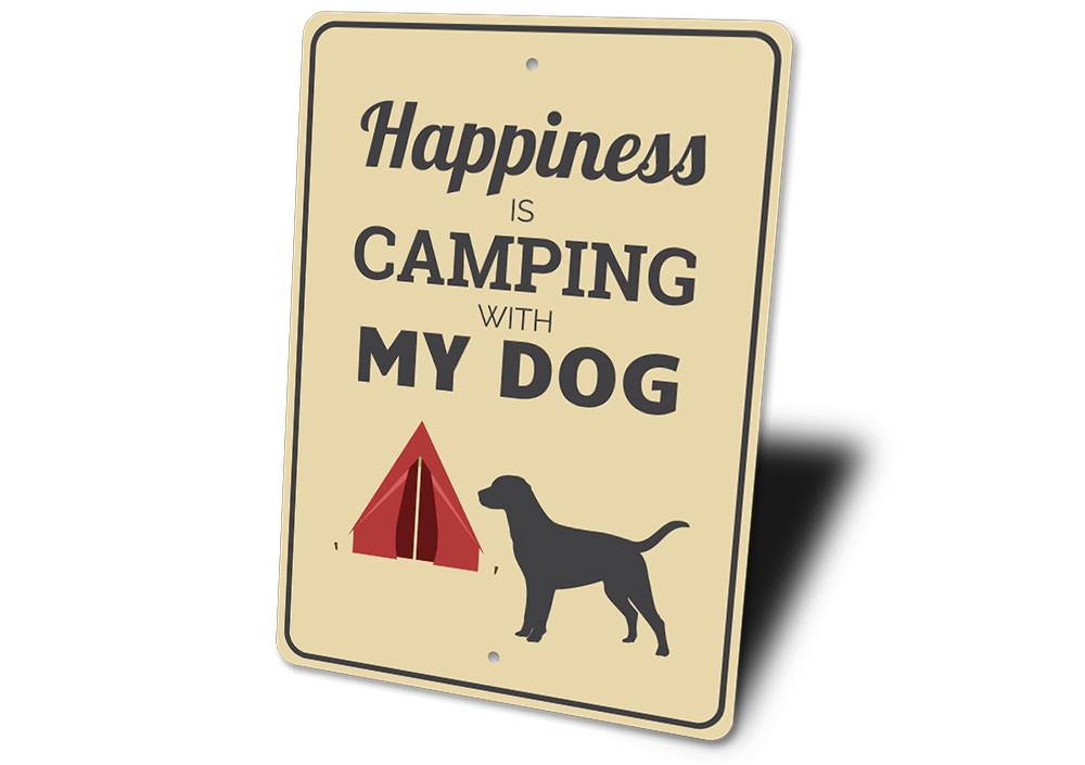 A decorative Camping with My Dog Sign made of aluminum, featuring a playful design perfect for dog lovers and outdoor enthusiasts.