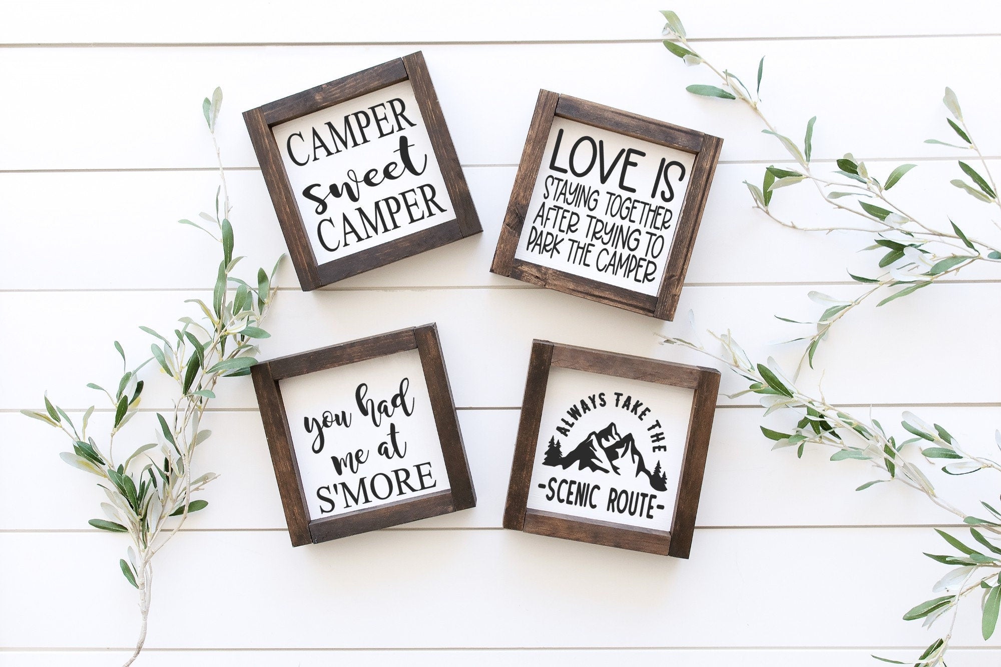 Handcrafted Camping Wood Signs in two sizes, featuring unique wood grain and matte white background.