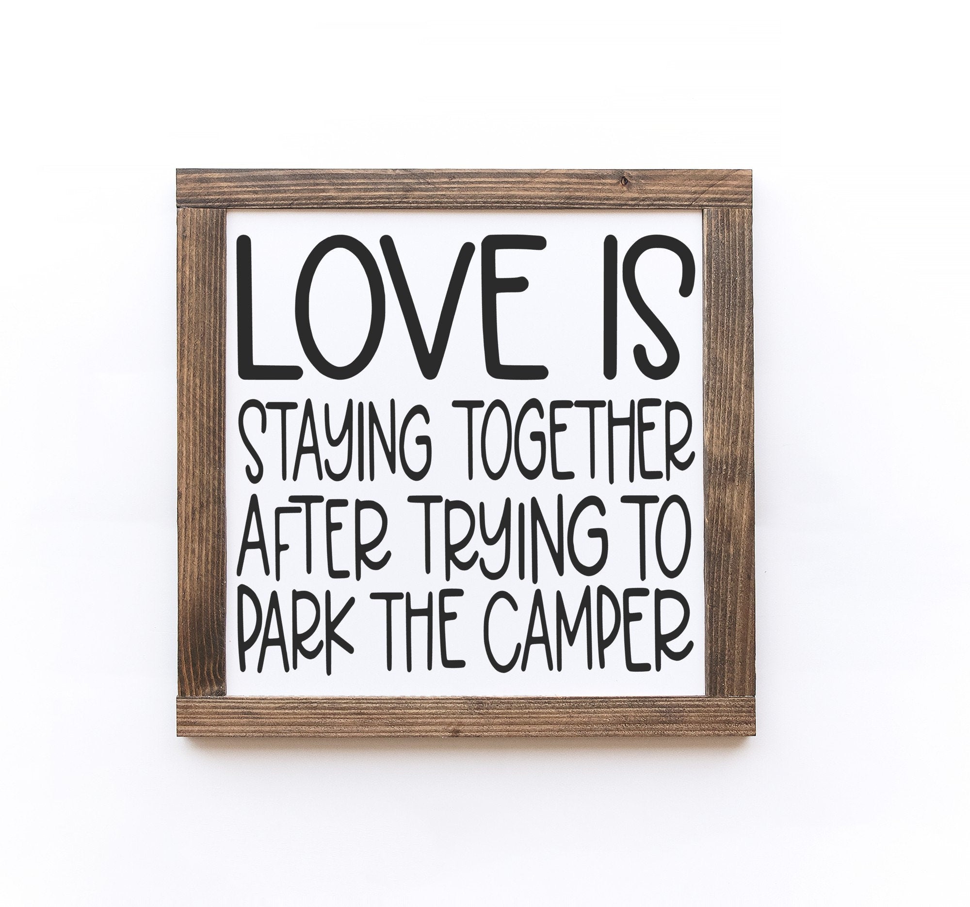 Handcrafted Camping Wood Signs in two sizes, featuring unique wood grain and matte white background.