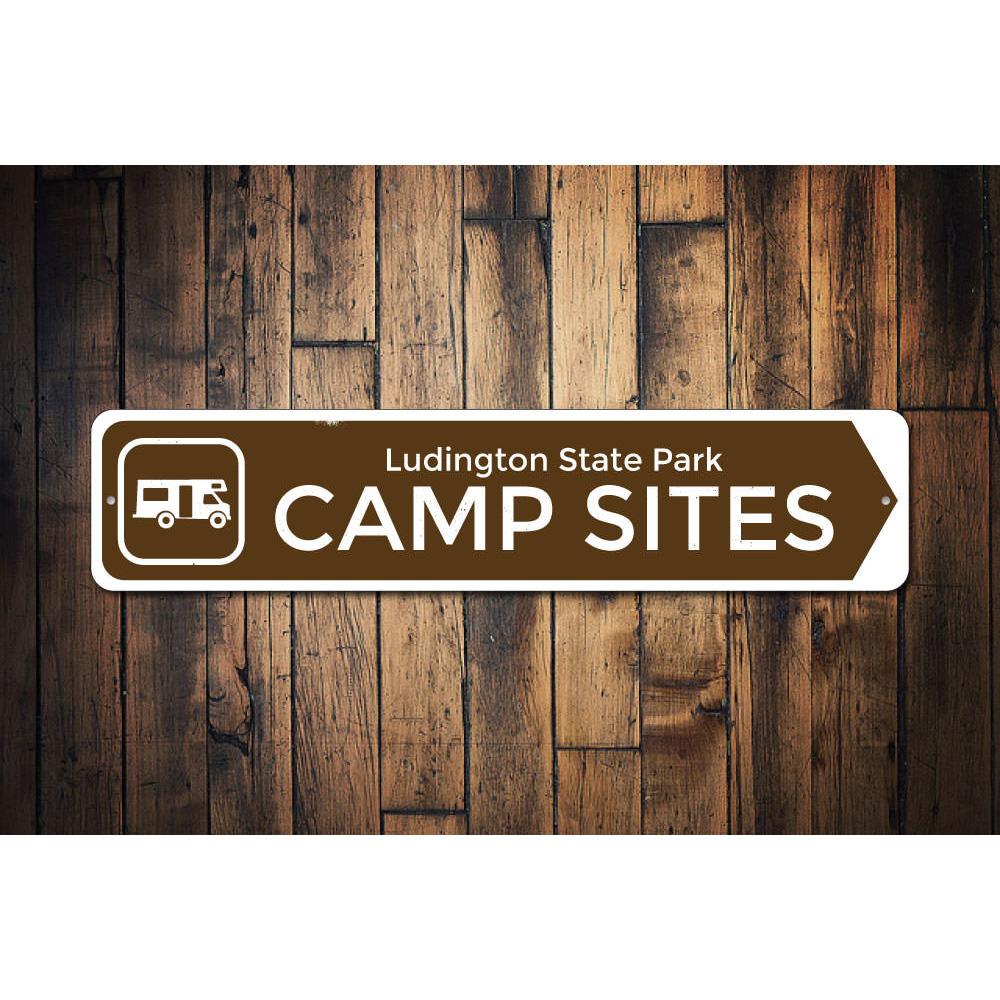 Campsite Camper Sign made of high-quality aluminum, featuring customizable text and pre-drilled holes for easy mounting, perfect for indoor or outdoor decor.