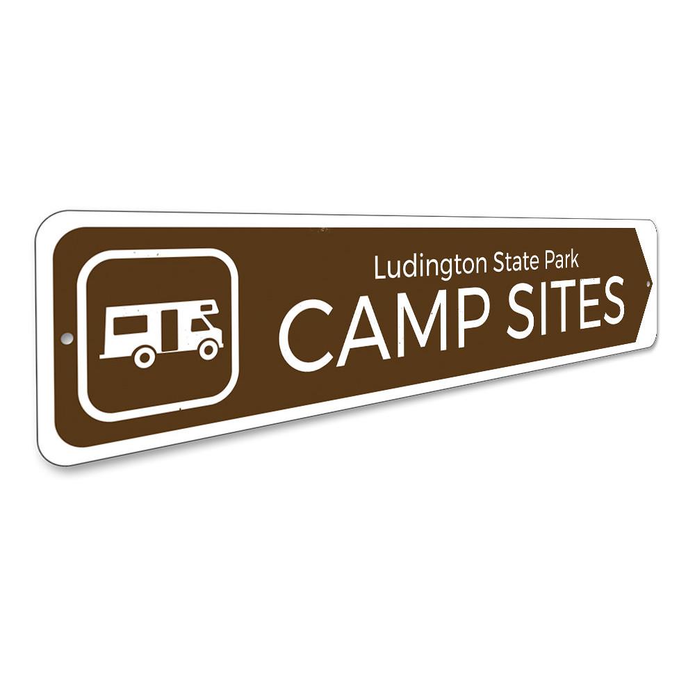 Campsite Camper Sign made of high-quality aluminum, featuring customizable text and pre-drilled holes for easy mounting, perfect for indoor or outdoor decor.