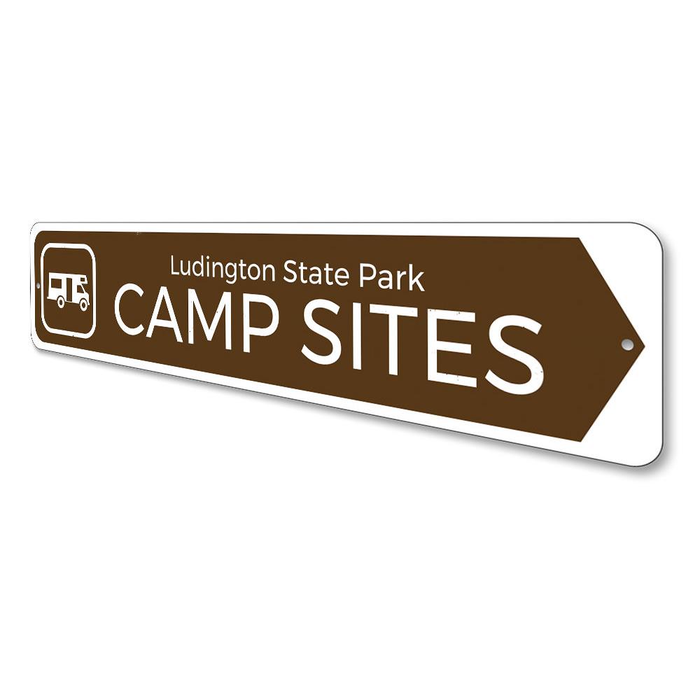 Campsite Camper Sign made of high-quality aluminum, featuring customizable text and pre-drilled holes for easy mounting, perfect for indoor or outdoor decor.