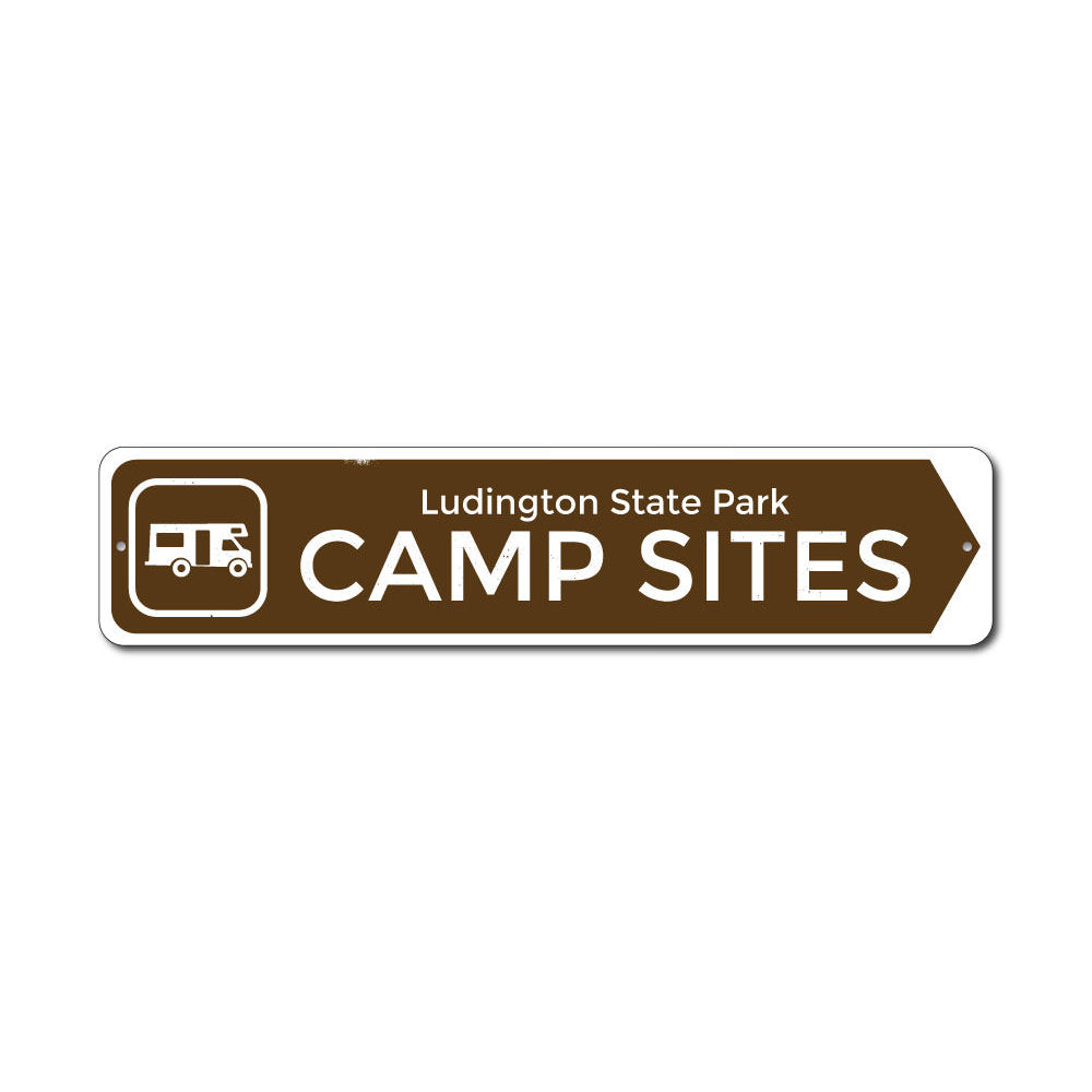 Campsite Camper Sign made of high-quality aluminum, featuring customizable text and pre-drilled holes for easy mounting, perfect for indoor or outdoor decor.