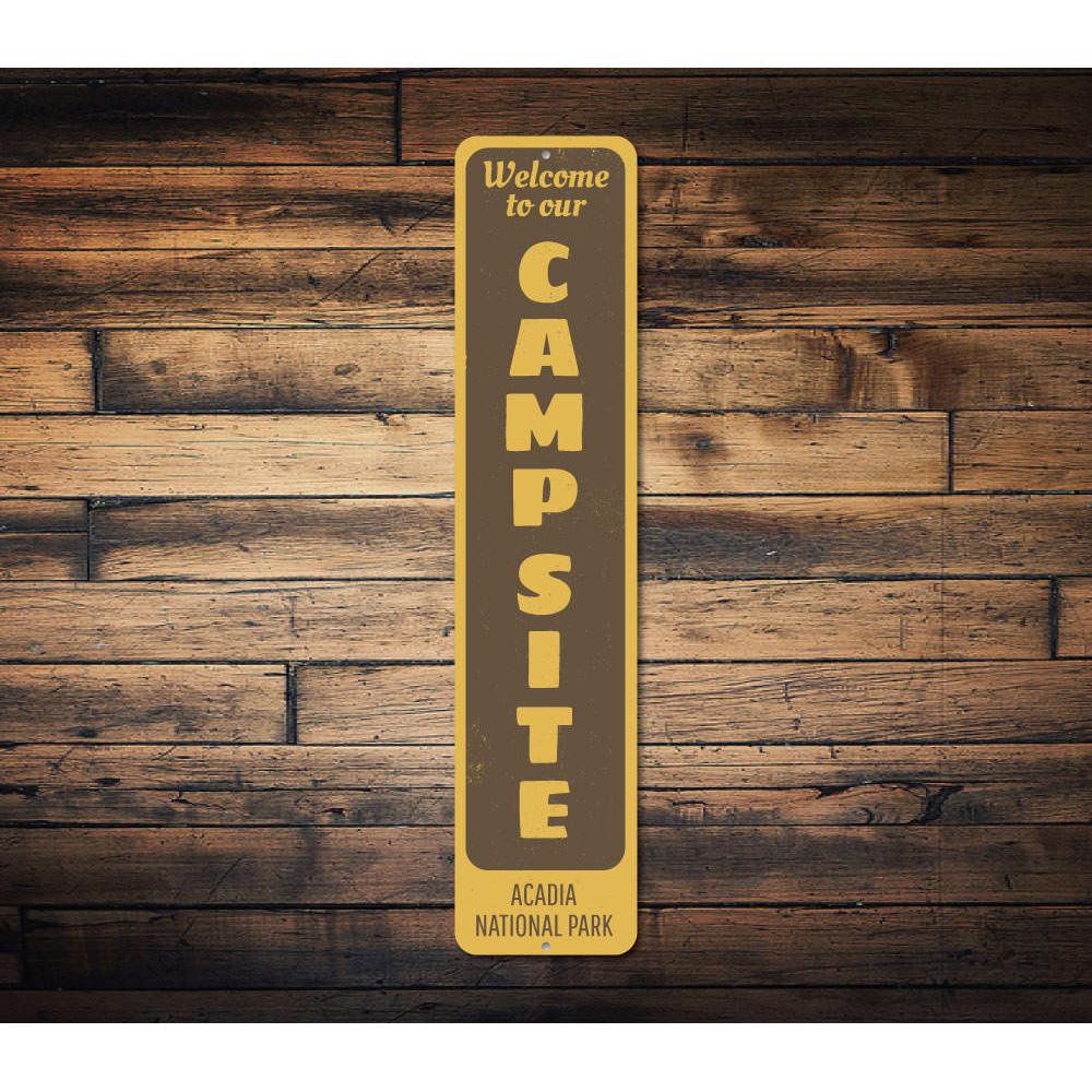 Campsite Vertical Sign made of high-quality aluminum, featuring customizable text and pre-drilled holes for easy mounting.