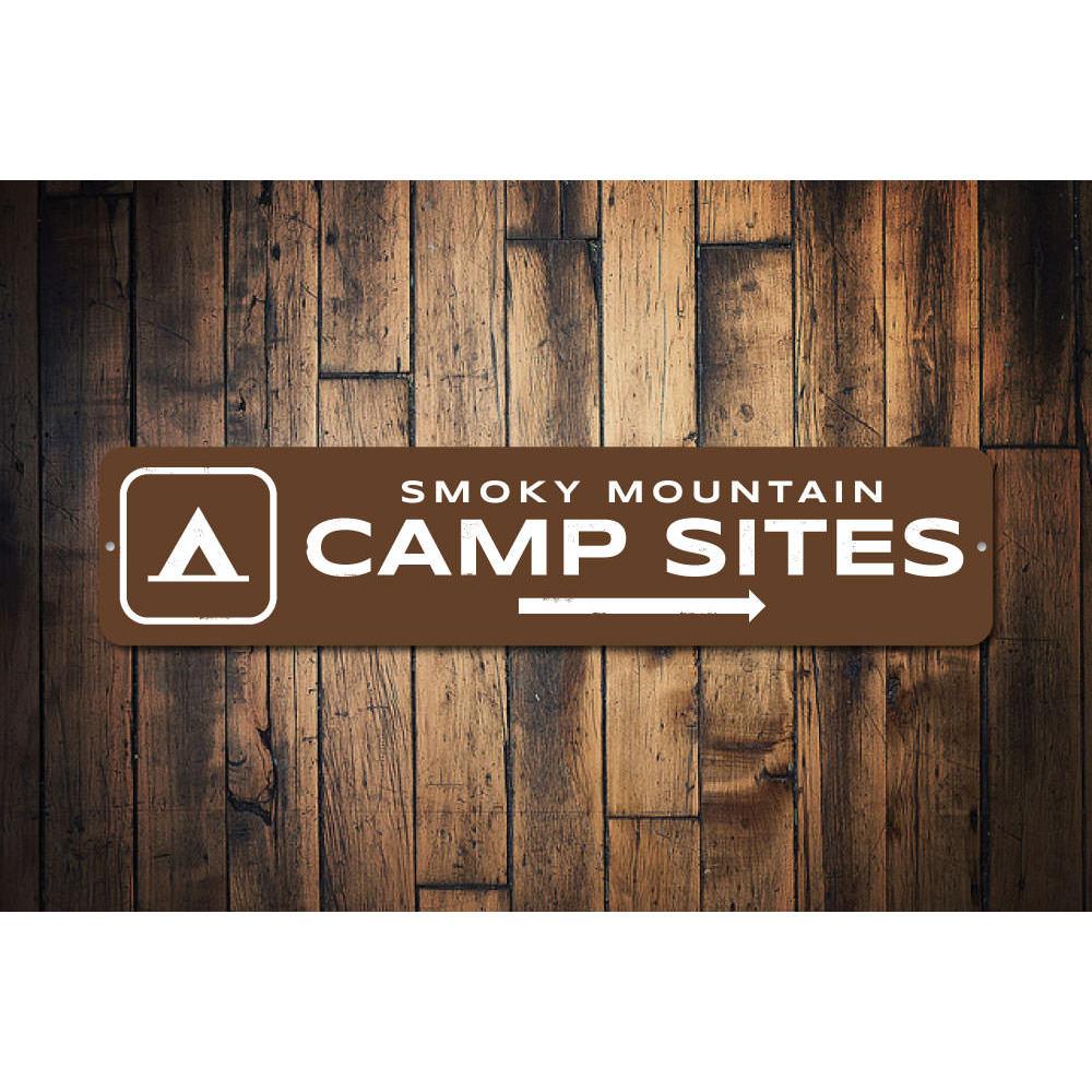 Campsites Arrow Sign made of high-quality aluminum, featuring customizable text and pre-drilled holes for easy mounting.