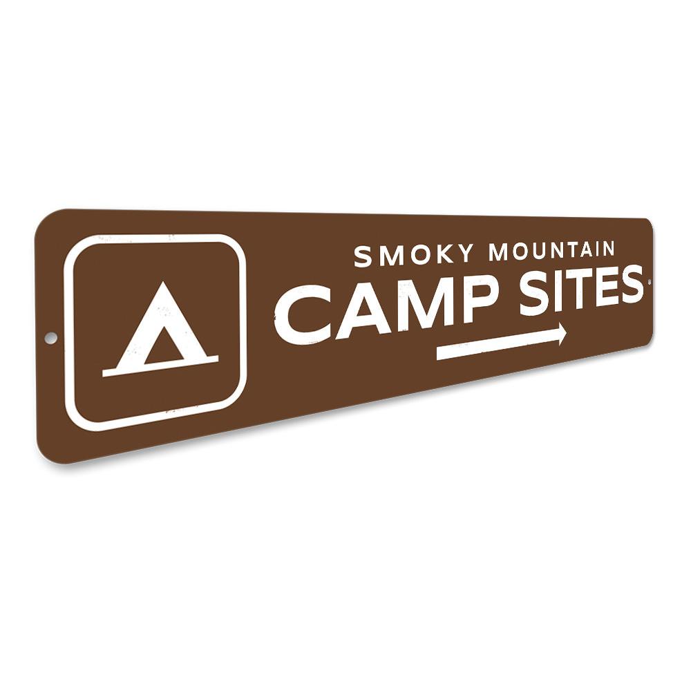 Campsites Arrow Sign made of high-quality aluminum, featuring customizable text and pre-drilled holes for easy mounting.