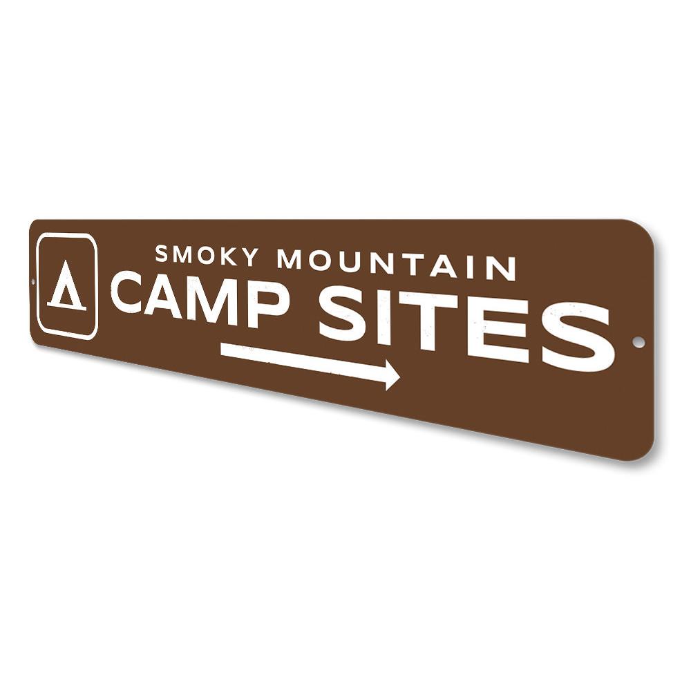 Campsites Arrow Sign made of high-quality aluminum, featuring customizable text and pre-drilled holes for easy mounting.