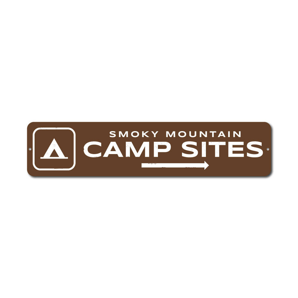 Campsites Arrow Sign made of high-quality aluminum, featuring customizable text and pre-drilled holes for easy mounting.