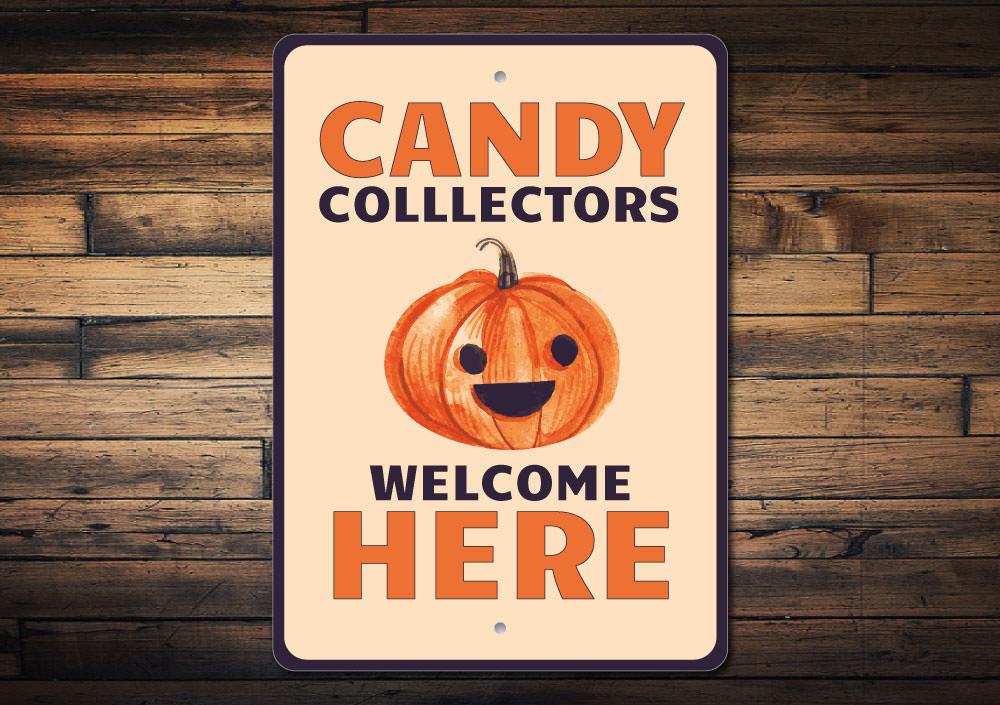 A spooky Candy Collectors Sign made of durable aluminum, featuring Halloween-themed graphics, perfect for home decoration.