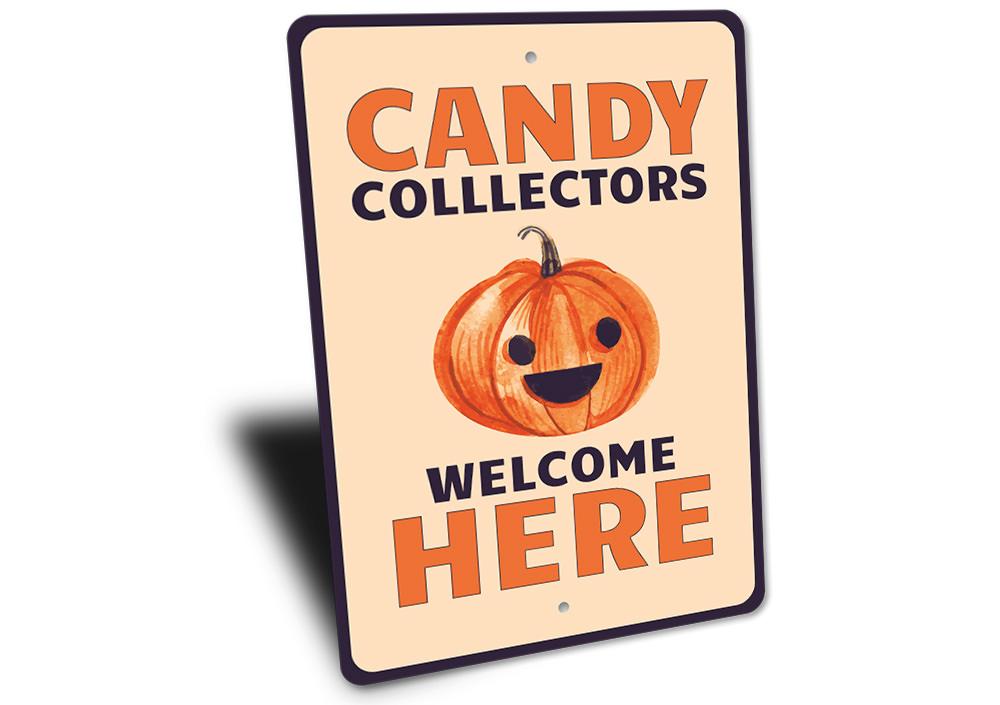 A spooky Candy Collectors Sign made of durable aluminum, featuring Halloween-themed graphics, perfect for home decoration.