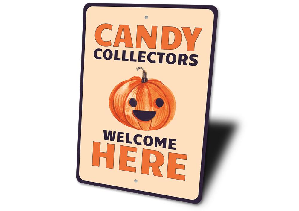 A spooky Candy Collectors Sign made of durable aluminum, featuring Halloween-themed graphics, perfect for home decoration.