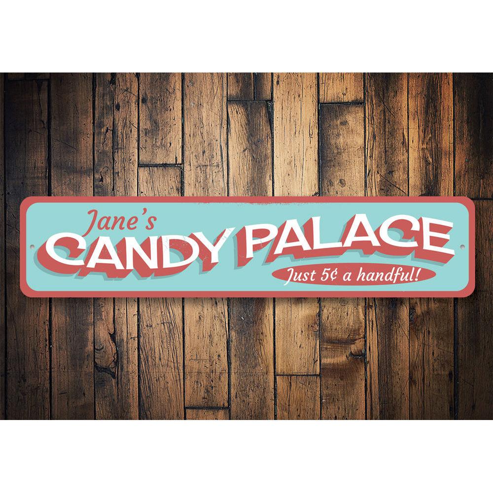 Colorful Candy Palace Sign made of durable aluminum, featuring beach-themed designs, perfect for coastal decor.