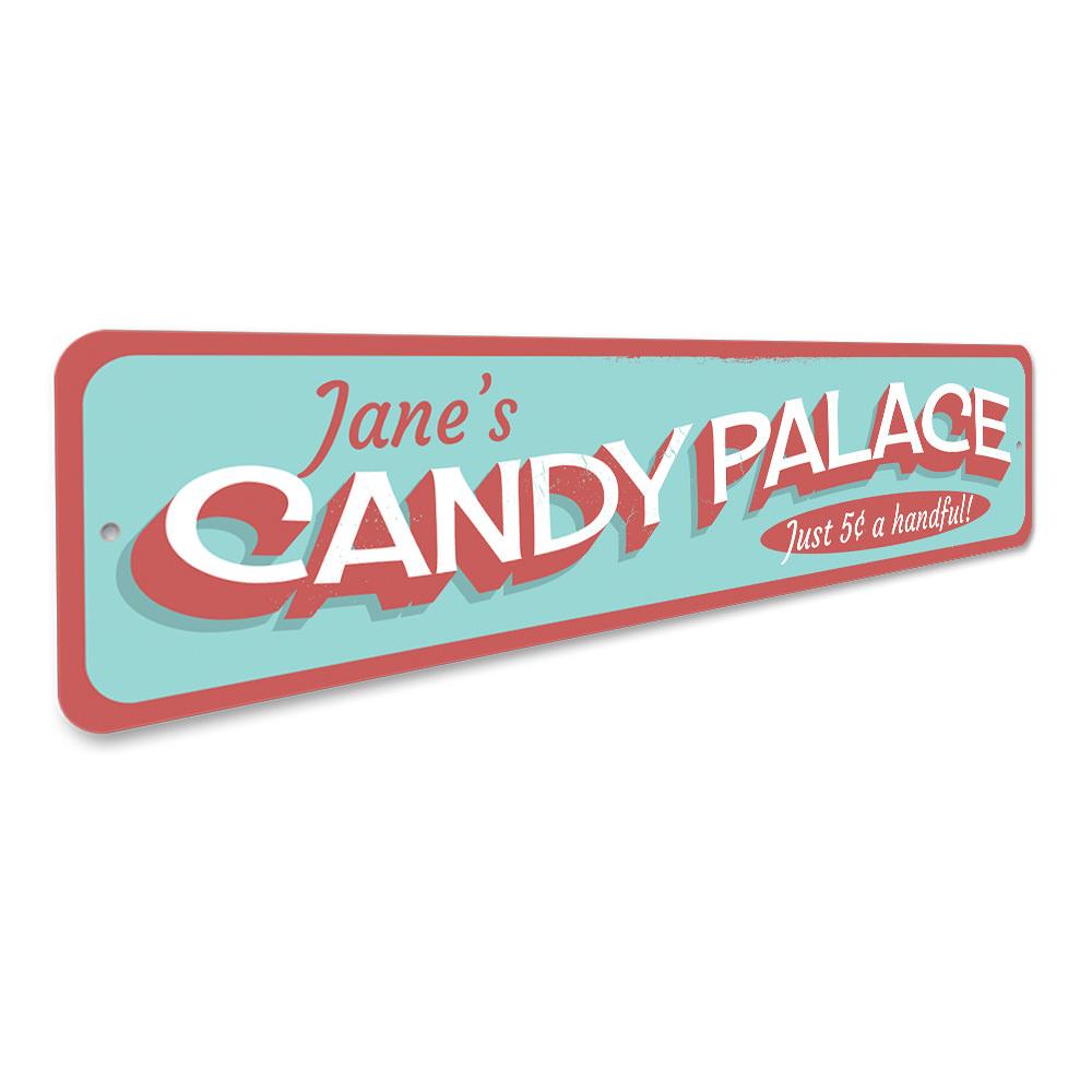 Colorful Candy Palace Sign made of durable aluminum, featuring beach-themed designs, perfect for coastal decor.