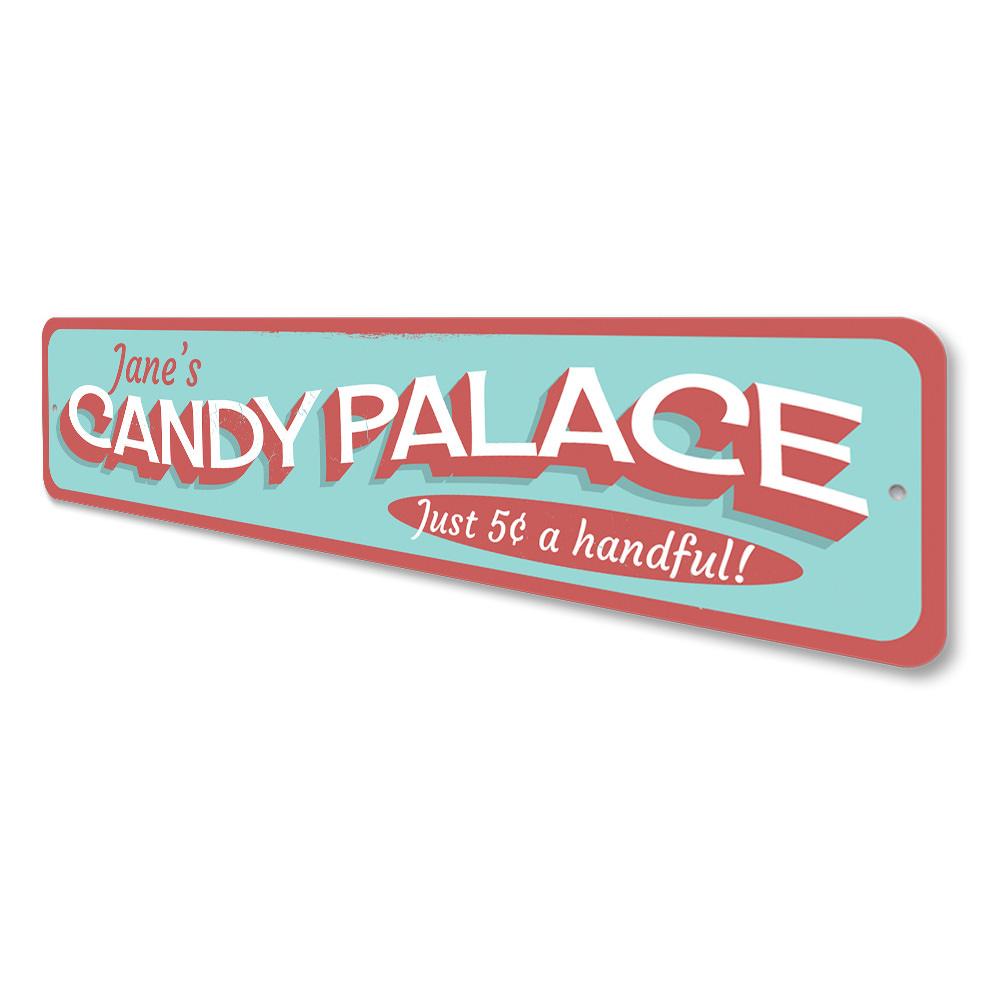 Colorful Candy Palace Sign made of durable aluminum, featuring beach-themed designs, perfect for coastal decor.