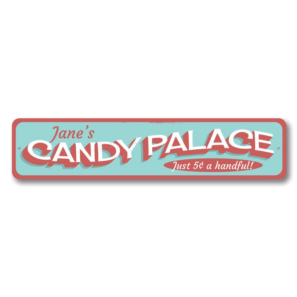 Colorful Candy Palace Sign made of durable aluminum, featuring beach-themed designs, perfect for coastal decor.