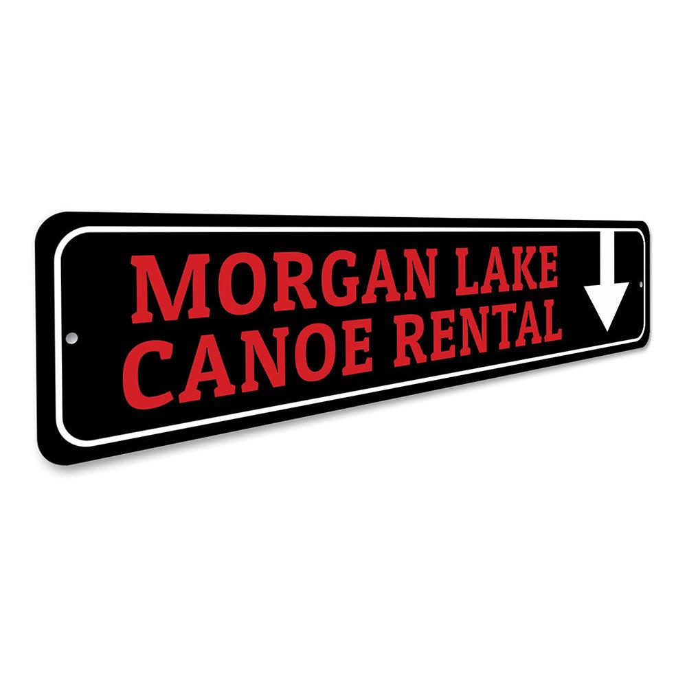 Canoe Rental arrow sign made of durable aluminum, featuring customizable text and pre-drilled holes for easy mounting.