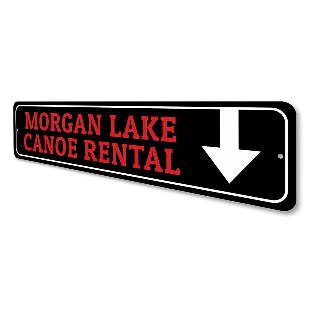 Canoe Rental arrow sign made of durable aluminum, featuring customizable text and pre-drilled holes for easy mounting.