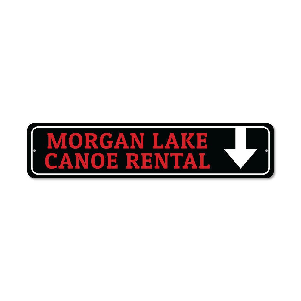 Canoe Rental arrow sign made of durable aluminum, featuring customizable text and pre-drilled holes for easy mounting.