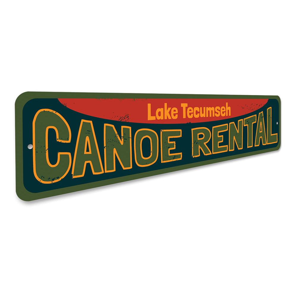 A decorative Canoe Rental Sign made of aluminum, featuring customizable text, ideal for lakehouse decor.